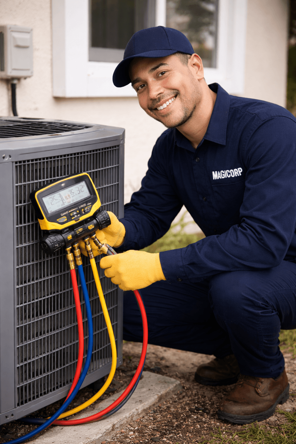Técnico de MAGICORP sonriendo mientras calibra una unidad de aire acondicionado exterior con manómetro digital.