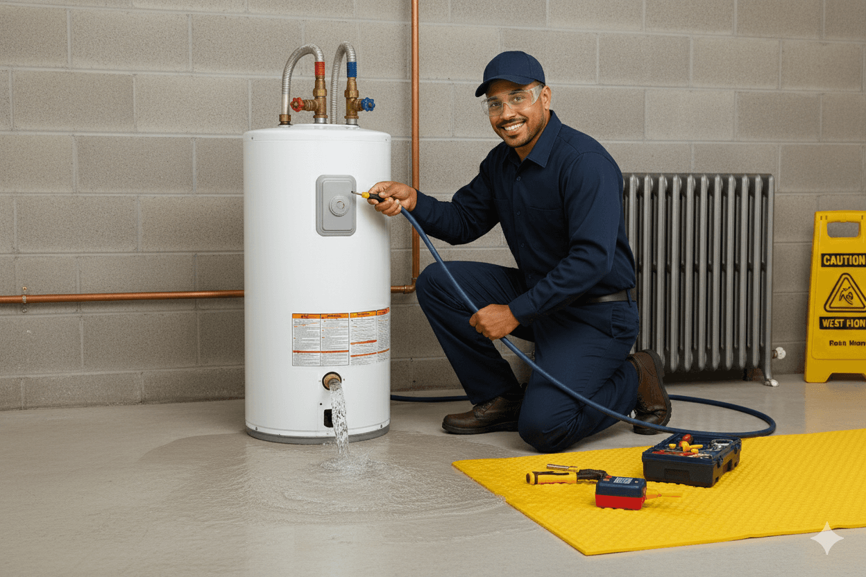 Técnico de MAGICORP drenando un calentador de agua con una manguera en un área segura y ordenada.