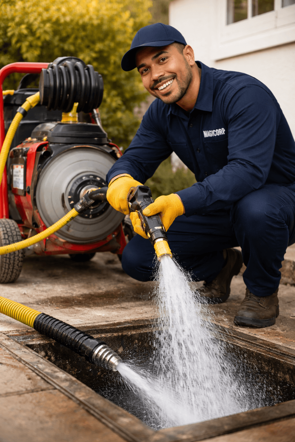 Operador con uniforme MAGICORP usando hidrojet para limpiar un desagüe exterior con equipo rojo.
