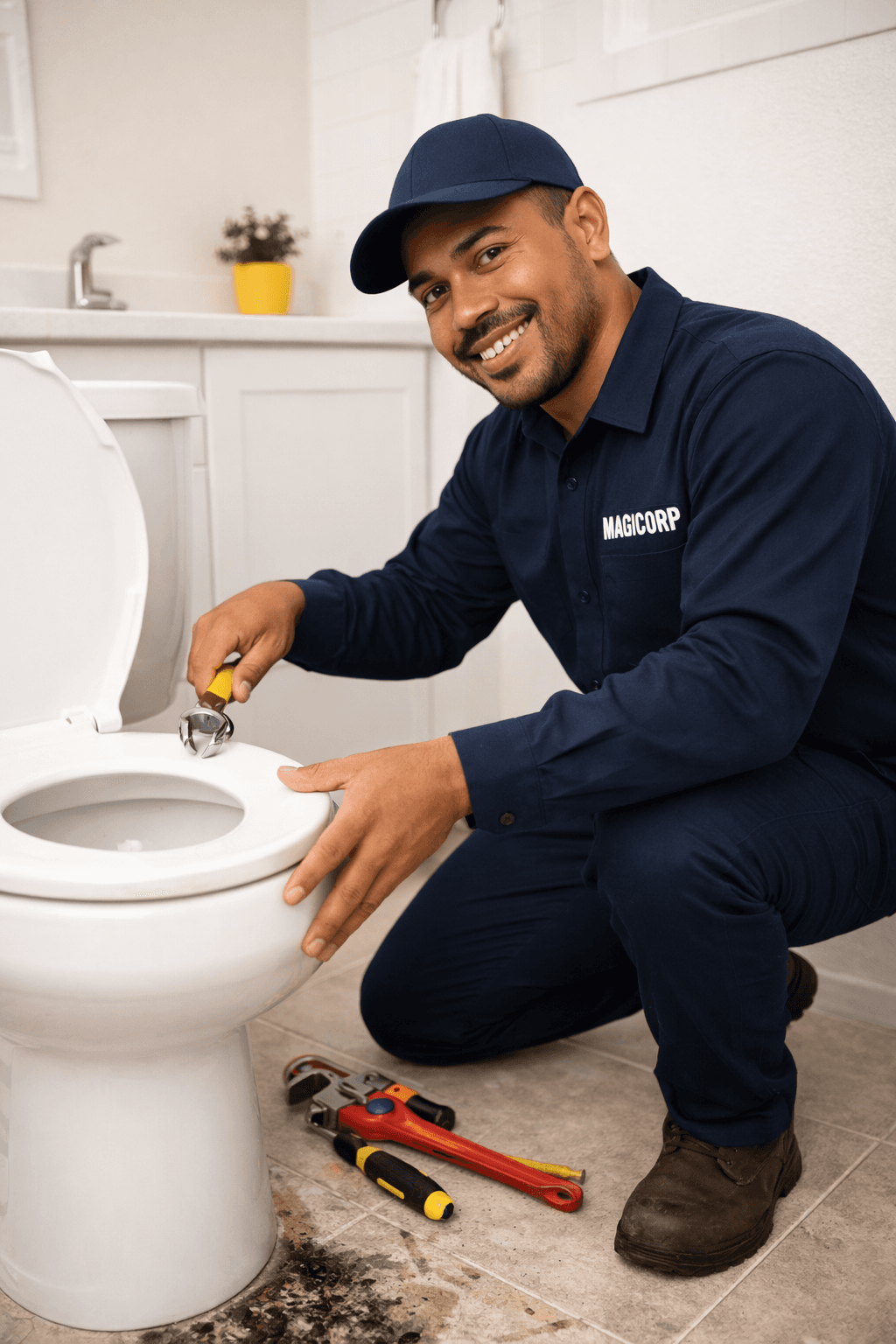 Técnico de MAGICORP reparando un inodoro en un baño moderno con herramientas de fontanería.